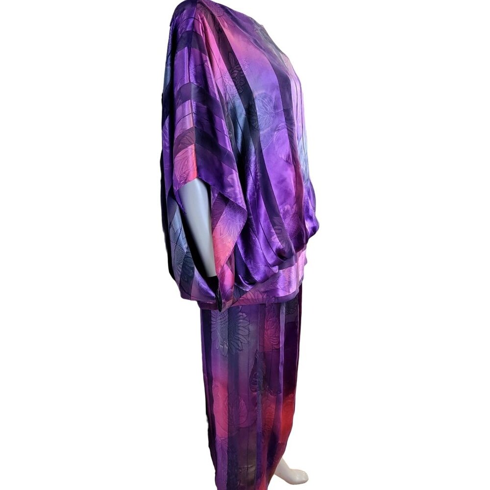 Vintage 80s Set Women 12 Colorful Floral Stripe Midi Skirt Blouse Top Shirt Pink - Picture 15 of 16